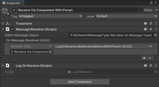 Inspector of MessageReceiver component with parameter.