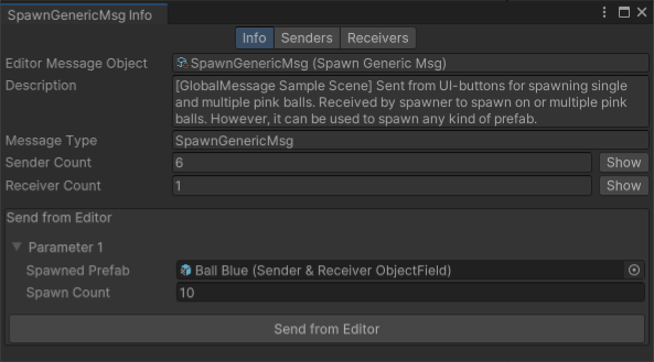 Using the Info Window to send the SpawnGenericMsg directly from the Editor.